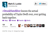 ▼ y Follow Mark S. Luckie @marksluckie #DrunkNateSilver knows the actual probability of Taylor Swift ever, ever getting back together. Reply Retweet ★ Favorite Storify 24 104 RETWEETS FAVORITES 2:50 PM-8 Nov 12 Embed this Tweet