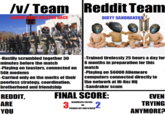 //Team Reddit Team BLOOD EAGLE MASTER RACE DIRTY SANDRAKERS -Trained tirelessly 25 hours a day for 6 months in preparation for this -Hastily scrambled together 30 minutes before the match -Playing on toasters, connected on match 56k modems -carried only on the merits of their computers connected directly to peerless strategy, coordination,the network at Hi-Rez HQ brotherhood and friendship Playing on $6000 Alienware Sandraker scum EDDIT,FINAL SCORE: ARE YOU EVEN TRYING ANYMORE? SANDRAKER STATUS PUSHED OFF OUR WORLD