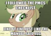 FOLLOWED THE PMCS CHECKLIST NE BY LINEJUST LIKETHE MANUALSAID1SG Rarity Twilight Sparkle Pinkie Pie Rainbow Dash Applejack cartoon green text mammal nose vertebrate fiction photo caption