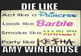 DIE LIKE Act like a INCESS Look like Barbie Smoke likei MARLEY Party ikeKE AMY WINEHOUSE