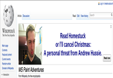 & Log in/create account りえ Article Discussion Read EditView history Search 雓 WiKIPEDIA The Free Encyclopedia Read Homestuck hristmas: Main page Contents Featured content Current events Random article A personal threat from Andrew Hussie Read now Donate to Wikpedia MS Paint Adventures ▼ Interaction From Wikipedia, the free encyclopedia