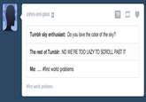 ashes-and-glass Tumblr sky enthusiast: Do you love the color of the sky? The rest of Tumblr: NO WE'RE TOO LAZY TO SCROLL PAST IT Me: #first world problems #first world problems