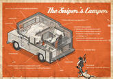 The dniper's lamper BED (Too small for the gangling Australian) LAVATORY " Where didi put me cigarettes ? ” LAVATORY FAVORITE MAGAZINES ( “ MANN CO. GUN CATALOGUE '68" "Australian Cooking: Quick and Easy Recipes for Aussie Beef, Crocodile and Kangaroo" "MEN'S SURVIVAL MAGAZINE Ju. 1968: THE BLOOD MAD PENGUINS ATE ME ALIVE!" STORAGE BOX WARDROBE LAVATORY The Sniper (and Soon To Be His Dinner) STOVE (Sniper prefers outdoor cooking and rarely uses the stove except for boiling the water) SINK