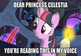 DEAR PRINCESS CELESTIA YOU'RE READING THISIN MY VOICE Twilight Sparkle Princess Celestia Pinkie Pie Rarity cartoon mammal purple vertebrate text horse like mammal fictional character