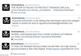 24m Anonymous YourAnonNews THE RCMP IS FAILING TO PROTECT TEENAGE GIRLS by @ViceCanada vice.com/en_ca/read/the #OpJustice4 Rehtaeh D View summary 1h Anonymous @YourAnonNews #OpJustice4Rehtaeh is still asking that information about the alleged rapists or bullies be sent to opjustice4rehtaeh@hushmail.com. Expand Anonymous@YourAnonNews Another cold-hearted teen from #Halifax surfaces on Fedbook: pic.twitter com/4DXqC36Gmb #OpJustice4 Rehtaeh 2h View photo 3h Anonymous@YourAnonNews 17-Year-Old Rehtaeh Parsons Killed Herself After Her High School gnored Evidence She Was R----: thinkprogress.org/health/2013/04 View summary Twitter