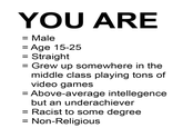 *YOU ARE*
= Male
= Age 15-25
= Straight
= Grew up somewhere in the middle class playing tons of video games
= Above-average intelligence but an underachiever
= Racist to some degree
= Non-religious

The accuracy of this image depends on the site it is on. I do not know where this image was originally posted.