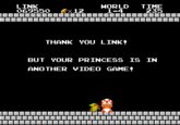 Sorry, Link, but your princess is in another video game Created by 'fluffy' (http://beesbuzz.biz/) as a means of indicating a thread has gone off-topic and/or as a response to a crazy person's non sequitur.