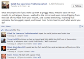 Caleb Kai Lawrence Yodhehwawheh-1,428 followers Tuesday at 1:21pm- Follow what would you do if you woke up with a groggy head, metallic taste in your mouth, in a strangers house... walked to the mirror and seen come dripping from the side of your face from your mouth, and started wretching, realizing that someone had drugged, r----, and blown their f----- load in you? what would you do? Like Share 6 12 people like this. Caleb Kai Lawrence Yodhehwawheh r---- for social justice woo f----- hoo Tuesday at 1:23pm Like Terry Ratliff Find them as fast as I could and SUH-MASH the S--- out of them with a hatchet or whatever else I could find!! Dude... W--? U serious? Tuesday at 1:25pm via mobile Like 311 Shiela Marie Barnhill I would get the f--- out of there and go take care of business. Why do you ask? Tuesday at 1:25pm- Edited-Like Glenn Hinton I'd start with a good rinse. Tuesday at 1:57pm via mobile Like 9