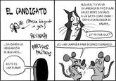 Political cartoon published originaly in a news portal in Chihuahua, original
URL:
http://eldiariodechihuahua.mx/El_Carton.php

It is posible that the image can't be found as of now.

Translation:
2. Somebody had a crazy idea: To postulate a cat for mayor throughout social networks... -Cat: And why me?

3. ...Causing an outrage in some places (in the door: political parties)

4. Rat: It is a campaign to ruin our image!