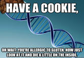 HAVE A COOKIE, OHWAIT YOU'REALLERGIC TO GLUTEN.NOW JUST LOOK ATITAND DIE ALITTLE ON THE INSIDE