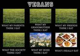 VEGANS WHAT MY PARENTS THINK I EAT WHAT MY GRANDMOTHER THINK I EAT WHAT MY FRIENDS THINK I EAT WHAT THE SOCIETY THINK I EAT WHAT MY BOSS THINK I EAT WHAT I REALLY EAT