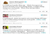 Gene Weingarten @geneweingarten Follow I could not make this up. State troopers in Texas Senate are searching bags, confiscating tampons and pads. They fear projectiles. 2:36 PM 12 Jul 2013 100 RETWEETS 16 FAVORITES Andrea Grimes @andreagrimes Follow Confirmed: state troopers are searching all bags and confiscating tampons and pads. #hba #sbi 2:21 PM- 12 Jul 2013 348 RETWEETS 34 FAVORITES Annette Priest @AnnettePriest Follow and sanitary napkins not allowed in Tampons *Texas senate chamber Because you know they don't have anything against women. #SBI