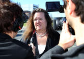 Gina Rinehart, chairman of Hancock Prospecting joins protesters as they rally against the government's proposed mining tax outside the Hyatt Regency Hotel where Prime Minister Kevin Rudd is to address the Perth Press Club on June 9, 2010 in Perth, Australia. Rudd is in Western Australia to campaign for his proposed 40% resources super profits tax amid falling approval ratings in recent polls and strong opposition from the mining industry. (Photo by Paul Kane/Getty Images)