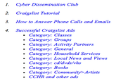 I. Cyber Dissemination Cluib 2. Craigslist Tutorial 3. How to Answer Phone Calls and Emails 4. Successful Craigslist Ads Category: Classes Category: Groups Category: Activity Partners . Cate * Category: Househola Services * Category: Local News and Views . Category: cd/dvds/vhs Tenera Category: Books Category: Community Artists . CCHR and other ads