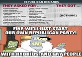 REPUBLICAN DEMANDS THEY ASKED FOR THEY GOT. . Defund Obamacare . Delay Obamacare Change Federal Employee Pensions Delay Individual Mandate Expand Oil Drilling . Deny Coverage to the Block Net Neutrality President Deny Coverage to the Cabinet Weaken Regs for Deny Coverage to Congressional Staffers Deny Birth Control Coverage Thwart EPA Coal-ash Regulations Tort Reform Coal-fired Power Plants Tax Code Changes (NOTHING) e Approve Keystone Pipeline Repeal Medical Device Tax Means-Testing for Medicare .Change Rules on Debt Ceiling FINE, WELLJUST START OUR OWN REPUBLICAN PARTY! WITHIHYBRIDSAND GAY PEOPLE mgip.com