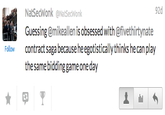 92d NatSecWonk @NatSecWonk Guessing @mikeallen is obsessed with @fivethirtynate Follow the same bidding game one day ulul