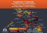 Typhoon Yolanda International Code Name Haiyan Public Storm Warning Signals as of November 7, 2013, 8:30 pm Bulacan o Island Bataon Man Cavite Quezon camat camarines Norte tanduanos Sur Lubang Island Marinduque Occidental OrientalBurias Island Mindoro Mindoro Masbato Rombion Ticao Island Northem Samar Calamian Group of Islands Western Samar Akian Bantayan Biliran Eastern Samar Capiz Island Antique toilo Cuyo Island Guimaras Cebu Dinagat Islands Southern Leyte Bohol Negros Occidental Siargao Puerto Princesa Palawan Surigao del Norte Negros Criental Siqor Camiguin ovaoni del Norte Surigao del Sur Signal No.1 30-60 km/h winds Signal No. 2 61-100 km/h winds Misamis Occidental Misa Orie del Sur Signal No. 3 Signal No. 4 orte Lanao del Norte Bukidnon RAPPLER.cOM 101-185 kmh winds 186 kmh winds a Zamboanga Lanao del Sur Davao del Norte Sbugnydel Sur Compostela