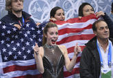 Feb 8, 2014; Sochi, RUSSIA; Ashley Wagner of USA celebrates her scores after the figure skating team ladies short program at the Sochi 2014 Olympic Winter Games at Iceberg Skating Palace. (Robert Deutsch - USA TODAY Sports)