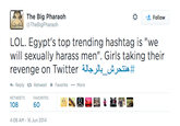 The Big Pharaoh @TheBigPharaoh Follow will sexually harass men". Girls taking their revenge on Twitter LJL_UjunA# Reply 다 Retweet ★ Favorite More RETWEETSFAVORITES 108 60 4:08 AM-16 Jun 2014