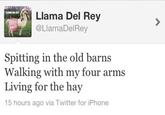 Llama Del Rey @LlamaDelRey Spitting in the old barns Walking with my four arms Living for the hay 15 hours ago via Twitter for iPhone