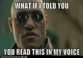 WHAT IFITOLD YOU YOU READ THIS IN MV VOICE IORN HRSCHEEZ BURGER.COM 훈 류 e Laurence Fishburne Morpheus Neo The Matrix photo caption