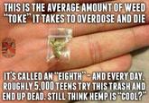 73c.jpg THIS IS THE AVERAGE AMOUNT OF WEED "TOKE, IT TAKES TO OVERDOSE AND DIE IT'S CALLED AN EIGHTH AND EVERY DAY ROUGHLY 5,000 TEENS TRY THIS TRASH AND END UP DEAD, STILL THINK HEMP IS "COOL?”