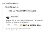 gangstapayne: liam1payne: The Jonas brothers suck Nick Jonas @nickjonas I came out to have a good time and i'm honestly feeling so attacked right now RETWEETSFAVORITES 1120 PM-26 Jun 2014-via Twitter Embed this Tweet Reply自Delete ★Favorite