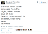 Benghazi Acrostics @BenghaziPoems Follow Behold! What dawn night, when lovers hearts, unrepentant, to zero in return Reply t Retweet ★ Favorite More RETWEETS FAVORITES 6 3:06 PM-26 May 2014