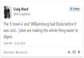 Follow Craig Ward @MrCraigWard The E-bowl-a' and 'Williamsburg had Ebola before it was coo.. joks are making this wwholk: thinj casicer » digest. 10:04 PM - 23 Oct 2014 12 RETWEETS 16 FAVORITES