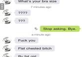 What's your bra size 7 minutes ago Stop asking. Bye. a minute ago F--- you Flat chested bitch Tat ir