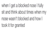 when I get a blocked nose I fully sit and think about times when my nose wasn't blocked and how l took it for granted