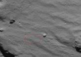 "Source":http://www.slate.com/blogs/bad_astronomy/2014/11/17/philae_spotted_lander_actually_seen_in_comet_photo.html

"It took a little while, but images taken by the orbiting Rosetta spacecraft mothership (and assembled into a short video) were released by the European Space Agency showing where Philae impacted the first time. The video shows before-and-after images of where Philae smacked down. At the time, my friend/planetary geologist/Planetary Society blogger Emily Lakdawalla speculated that you could actually see Philae and its shadow in the “after” image . . ."