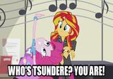 WHO'STSUNDERE? YOU ARE! Pinkie Pie Sunset Shimmer cartoon pink text vertebrate anime mangaka fiction fictional character