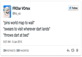 Follow FROlar VOrtex @fro_vo pins world map to wall* *swears to visit wherever dart lands* throws dart at bed* 9:57 AM-8 Jan 2015 294 RETWEETS 509 FAVORITES