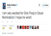Andy Cohen @Andy * Follow I am very excited for D--- Poop's Oscar Nomination! I hope he wins!! RETWEETS FA VORITES 180 380 6:53 AM-15 Jan 2015