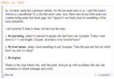 APRIL 14, 2002 So, I've never really had a personal website. For the last seven years or so, I used the Generic Website as a placeholder for a site that never came. Sure, there were always little nooks and crannies hiding under that blank page, but I figured it was finally time for something a little more substantial I can't promise I'll keep to these, but here are the rules: . No journaling, unless it's relevant to people who don't know me. Example: "Today I went down to 7-11 and bought a Slurpee. Strawberry is my favorite flavor! 2. No tired memes, unless I have something to add. Example: Take this quiz and find out which Smurf you are! I'm Jokey!" 3. Be original. Thanks to the close friends who, until this point, have put up with my endless links and web commentary in instant messages and e-mail. PERM LINK e!- 4 COMMENTS ->
