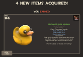 4 NEW ITEMS ACQUIRED! YOU EARNED ITEM #4 SELF-MADE DUCK JOURNAL Level 50 Jcurnal Style Nene Effect: Ccmmunity Sparkle Duck XP Level:0 Duck Pewer :05 Duckstreaks Active I made the Equip in the Acticnct te increate duck draps Use Duck Tckens te increase pewer level Higher levels give nreased cluck dr cps Nct Tradable cr Usable n Craftng PREV