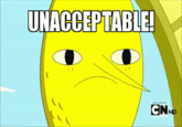 "Source":http://giphy.com/gifs/adventure-time-finn-and-jake-unacceptable-KDwFshVZKvs2c
The fact that it has taken this long for a gif version of this moment to be available somewhere on Know Your Meme is..... UNACCEPTABLE! 