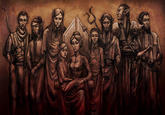 Dagoth Ur is sitting on his mothers lap, all the other brothers became Ash Vampires.

"RisingMonster":http://www.deviantart.com/art/Dagoth-family-366229715