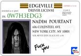 EDGEVILLEEXFIRES, o/6/66 DRIVER LICENSE CLASS: E ISSUED: 6/1/2015 ROHINSON RO SCHOOL DL: NADIM POURTANT 606 COLDSTEEL AVE NEW YORK CITY, NY 10001 SEX: NEVER EYES: BLACK HT: 6-04 uck ORGAN DONOR