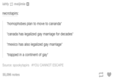 iahfy meijimie necrotapirs homophobes plan to move to cananda* canada has legalized gay marriage for decades mexico has also legalized gay marriage* trapped in a continent of gay* Source: spookytapirs #YOU CANNOT ESCAPE 55,096 notes