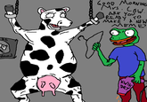 The coat hangar signifies that Pepe is about to extract the cow's fetus. The hair dryer is for drying it. This image was anonymously posted on 4chan.org on July 12, 2015. 