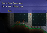 Taken in Terraria, this would have had several more people in the pic had they been available at the time. Sadly, I had to do this by myself, though given since that I was half a day behind in terms of time zones to the actual funeral, which was on the sixteenth of this month/July. Part of me wanted to go with summoner gear so that it at _least_ had a bit of a group, though the closest to humans was the Pirate Staff, but even then they're midgets and would s*** every so often, something I didn't really want to do lest some out there think it's disrespectful.

And also forgive the pixelation of the pic since it was resized to one and a half times its normal size so that it's a bit more view-able.