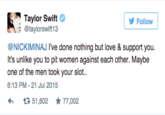 Taylor Swift response to Nicki Minaj VMA Tweet "Source":https://twitter.com/taylorswift13/status/623616796277506048