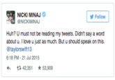 Nicki Minaj VMA Tweet 7 "Source":https://twitter.com/NICKIMINAJ/status/623618047673106433