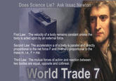 World Trade Center 7 Does Science Lie? Ask Issac Newton First Law: The velocity of a body remains constant unless the body is acted upon by an external force. Second Law: The acceleration a of a body is parallel and directly proportional to the net force F and.inversely proportional to the mass m, i.e., F = ma. Third Law: The mutual forces of action and reaction between two bodies are equal, opposite and collinear. World Trade 7