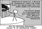 Obligatory(?) XKCD comic Alt-text: "I believe the truth always lies halfway between the most extreme claims."
I'm only uploading these to boost my image count.  At least I make sure they're relevant.
<a href="http://xkcd.com/690/">This comic on XKCD</a>