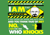 AM NOT IN DANGER, SKYLER THE A GUY OPENS HIS DOOR AND GETS SHOT, AND YOU THINK THAT OF ME? NO. WHO KNOCKS IAMTHEONE