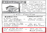 SimplifY Drop any unnese- ssary infor ma shon ALSo, try to find Simple replacements for words with more -1rrt.-www.ll than Two SyL ables. Lets Practise I dont care for anchovies Me no Like on my Pizza. Little fishes. I'm going To the Local Amusement ParK Today me go to Barf ride Place. I'd Like to eat. aT Applebees. me go to Barf place