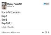 Doober Pooberton @daneZie Follow How to fall down stairs Step 1 Step 6 Step 7,8,9,11 5:45 AM 17 Jan 2014 3,591 RETWEETS 4,274 FAVORITES k,ト